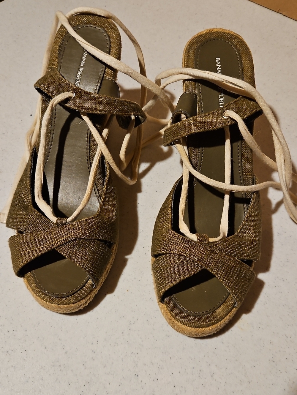 Banana Republic Olive Green Espadrille Wedge Sandals with Cream Wrap Ties